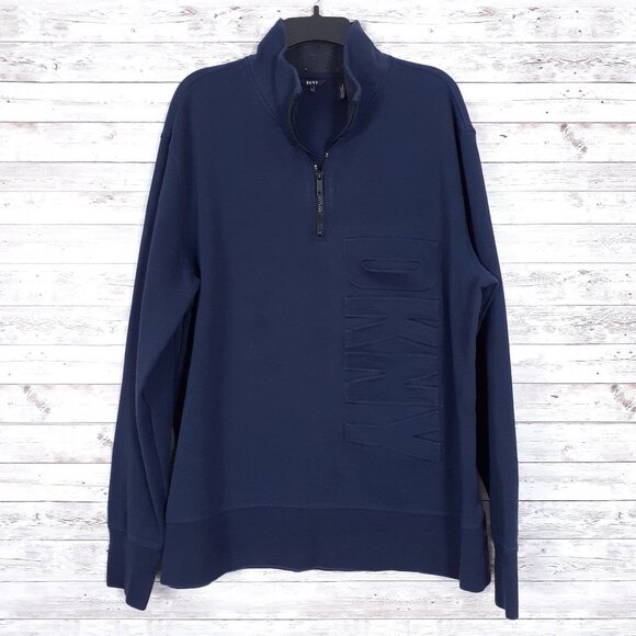 DKNY Mens 1/4 zip Sweatshirt XL Navy Blue Front Logo 724A - Picture 1 of 6